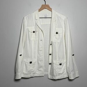 Chico's Womens Linen Jacket 1 Medium White Bronze‎ Buttons Roll Tab Light Resort